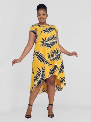 Vivo Jema High Low Tent Dress - Yellow/Black Palm Leaves Print