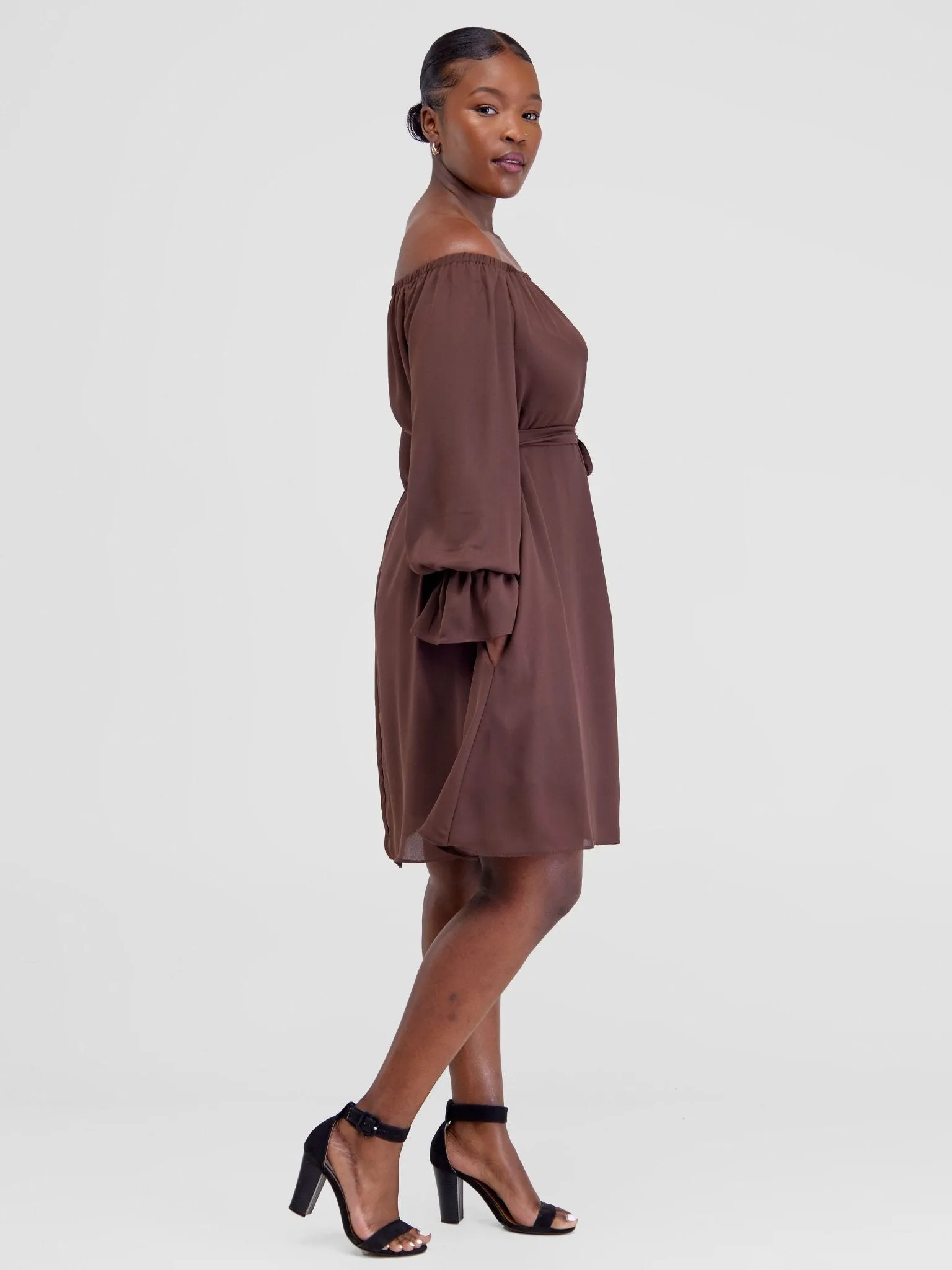Vivo Jema Off Shoulder Tent Knee Length Dress - Chocolate