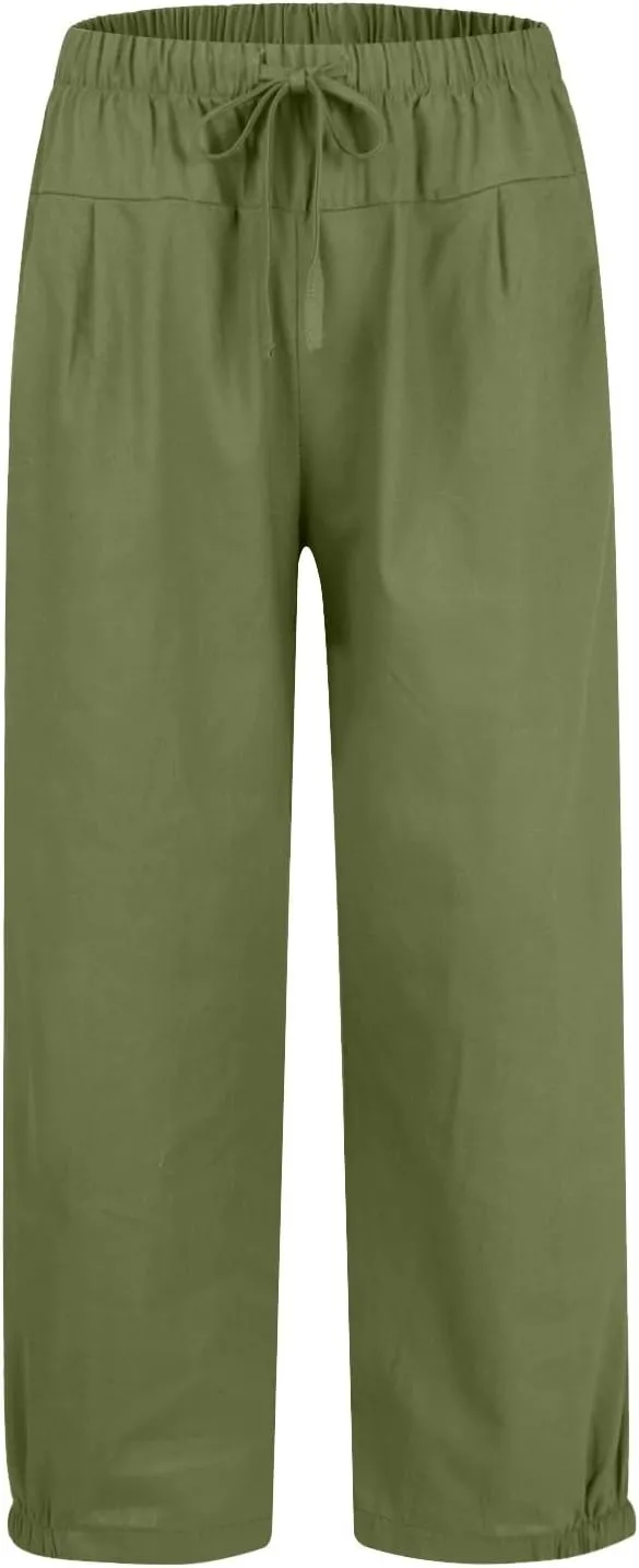 Wide Leg Linen Pants Women Drawstring Elastic High Waisted Baggy Capri Pants Casual Straight Leg Cropped Pants with Pockets