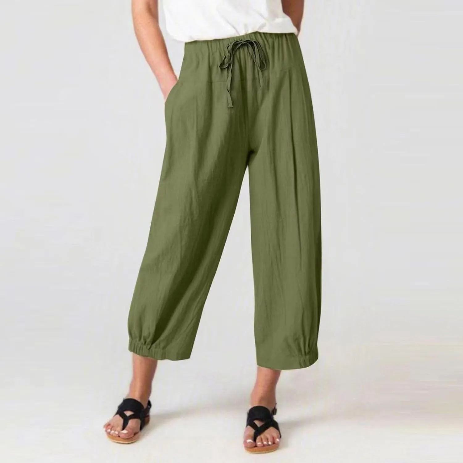 Wide Leg Linen Pants Women Drawstring Elastic High Waisted Baggy Capri Pants Casual Straight Leg Cropped Pants with Pockets