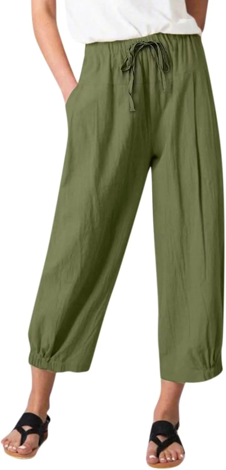 Wide Leg Linen Pants Women Drawstring Elastic High Waisted Baggy Capri Pants Casual Straight Leg Cropped Pants with Pockets