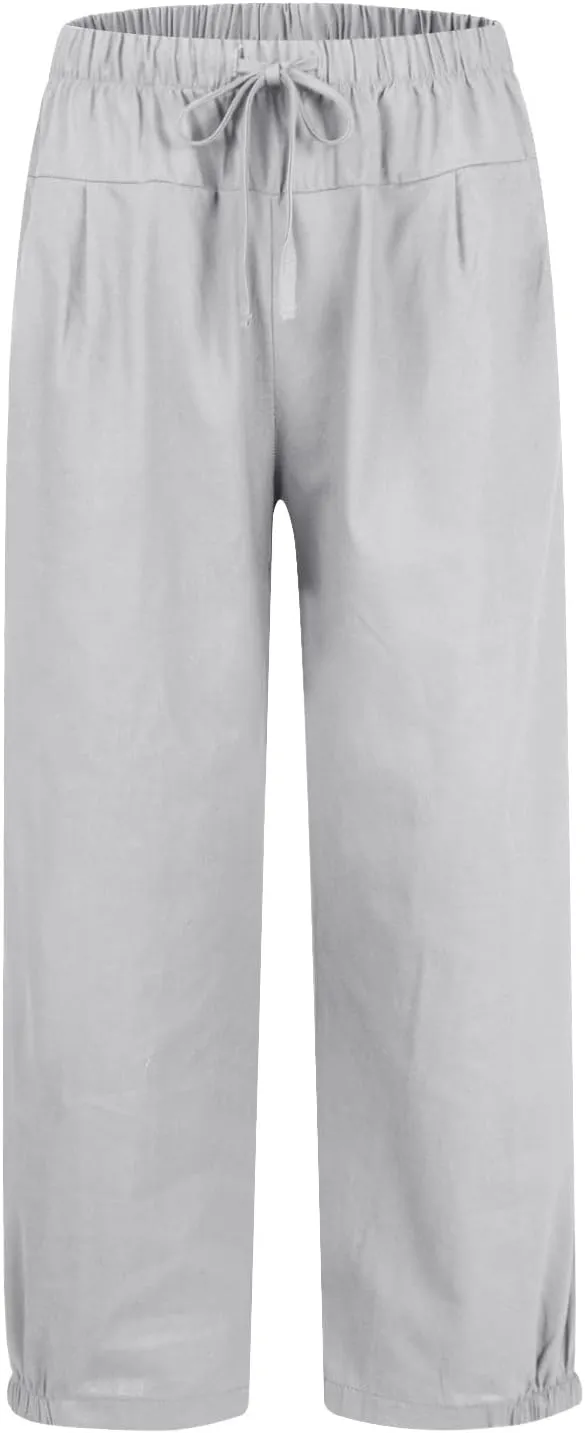 Wide Leg Linen Pants Women Drawstring Elastic High Waisted Baggy Capri Pants Casual Straight Leg Cropped Pants with Pockets