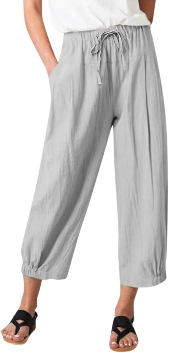 Wide Leg Linen Pants Women Drawstring Elastic High Waisted Baggy Capri Pants Casual Straight Leg Cropped Pants with Pockets