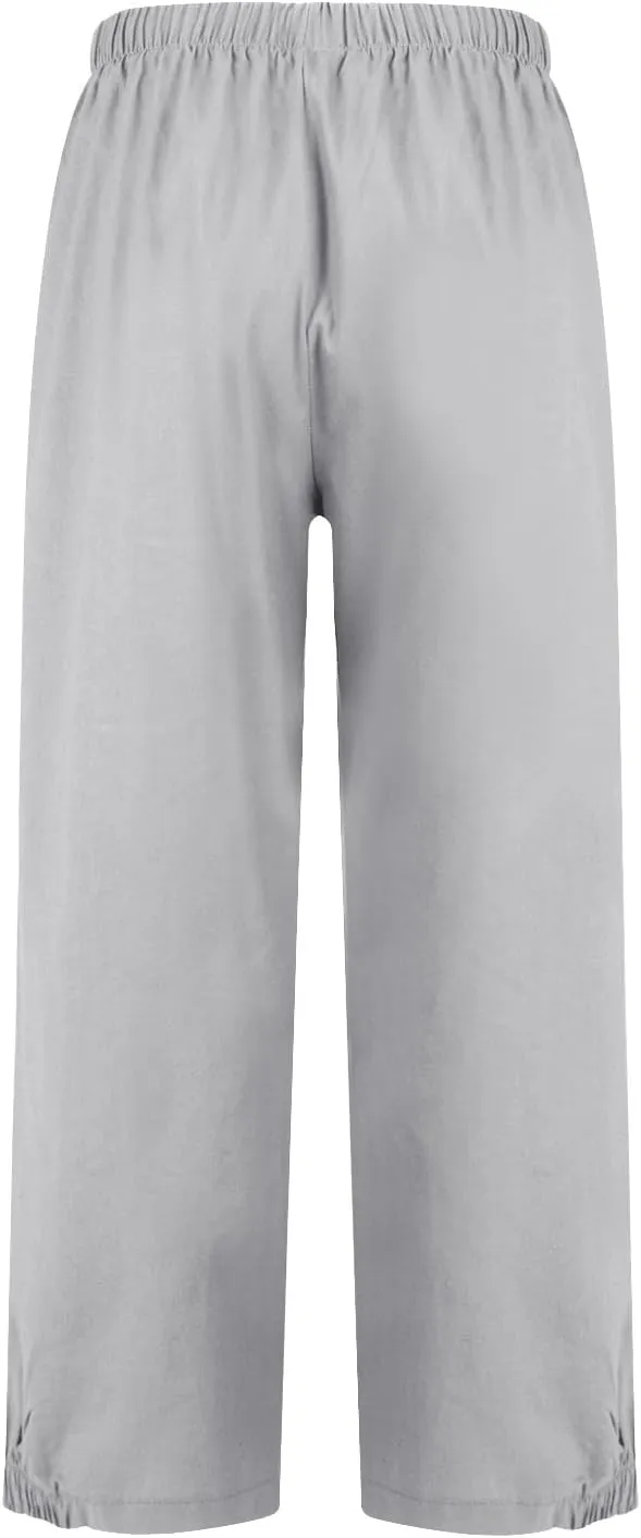 Wide Leg Linen Pants Women Drawstring Elastic High Waisted Baggy Capri Pants Casual Straight Leg Cropped Pants with Pockets