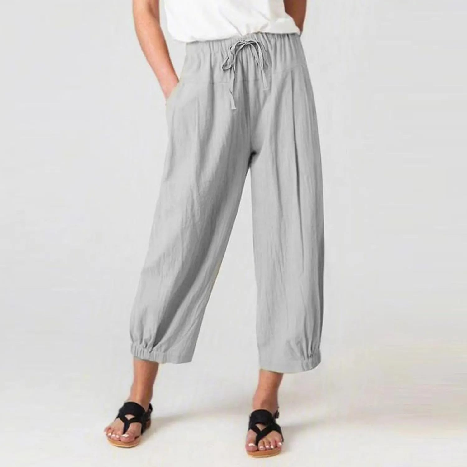 Wide Leg Linen Pants Women Drawstring Elastic High Waisted Baggy Capri Pants Casual Straight Leg Cropped Pants with Pockets