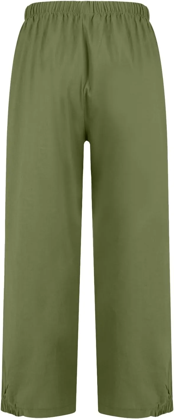Wide Leg Linen Pants Women Drawstring Elastic High Waisted Baggy Capri Pants Casual Straight Leg Cropped Pants with Pockets
