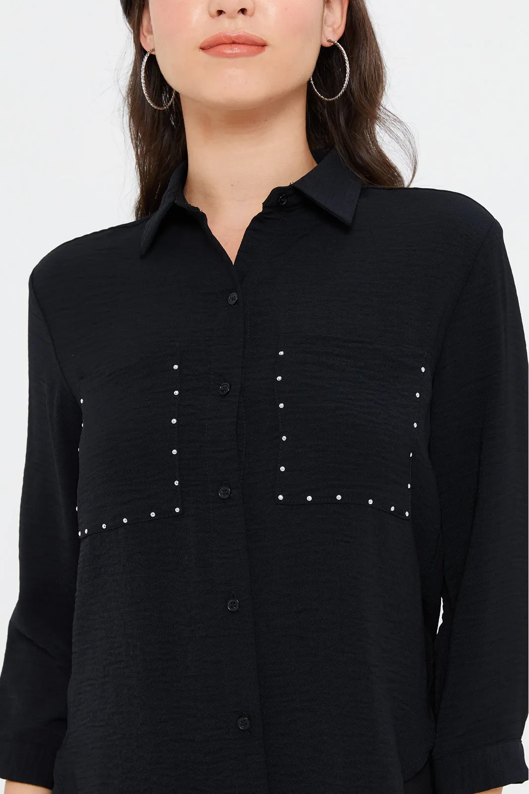 Women Black Embellished Front Pockets Blouse