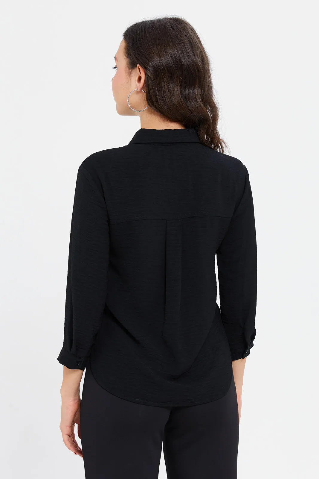 Women Black Embellished Front Pockets Blouse