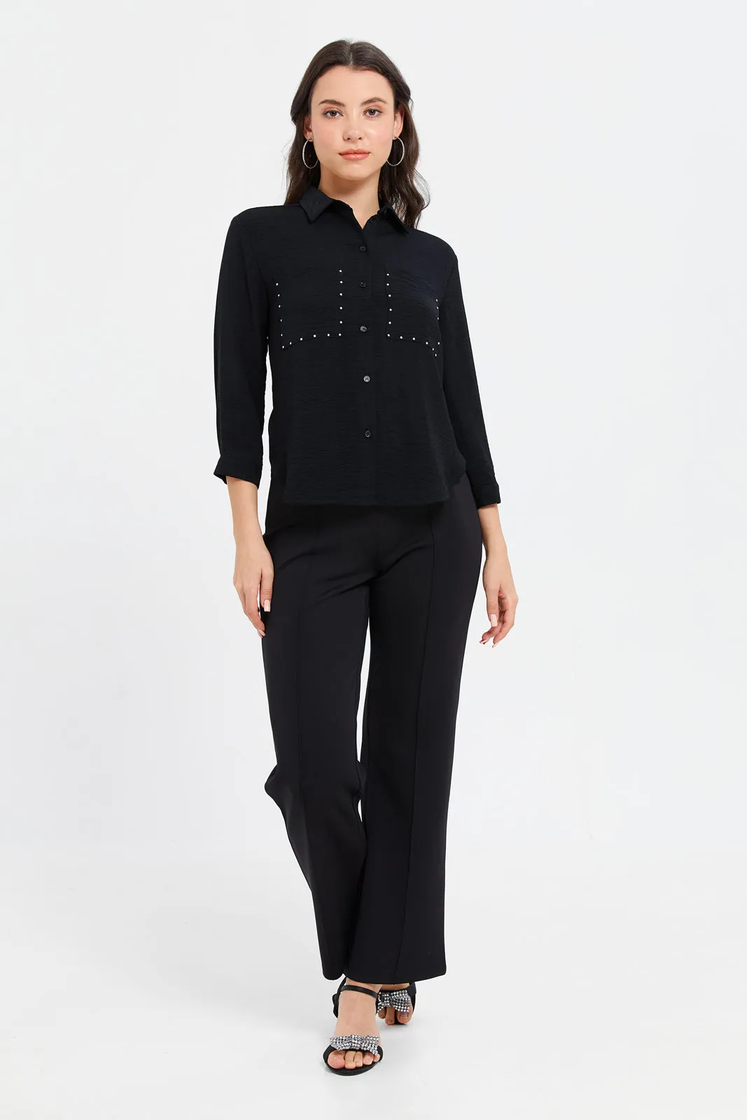 Women Black Embellished Front Pockets Blouse