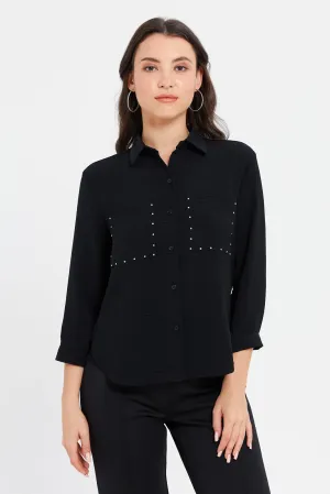 Women Black Embellished Front Pockets Blouse