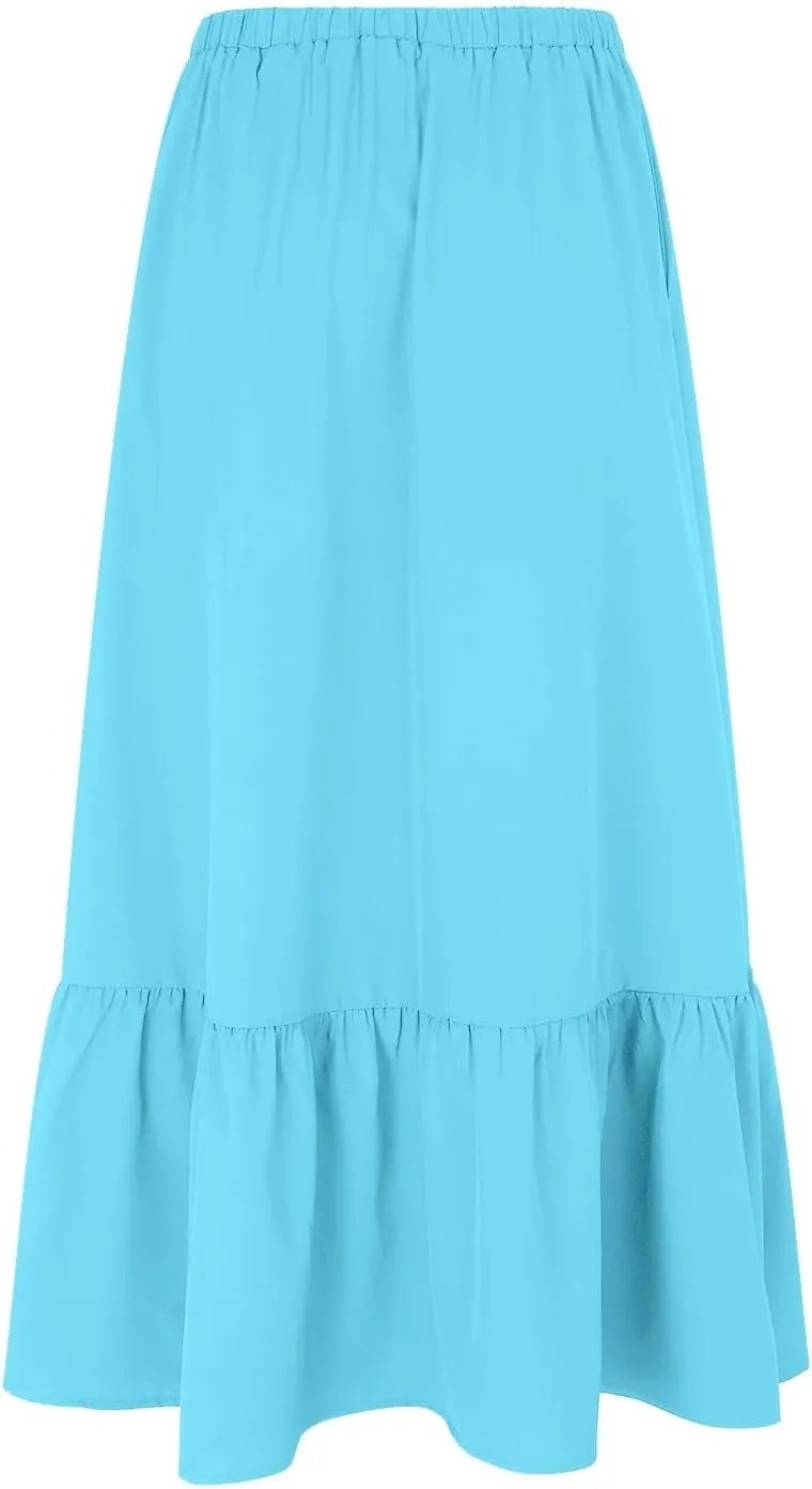 Womens Elastic High Waist A-Line Beach Maxi Skirt Ruffle A Line Swing Long Skirts Casual Summer Women Midi