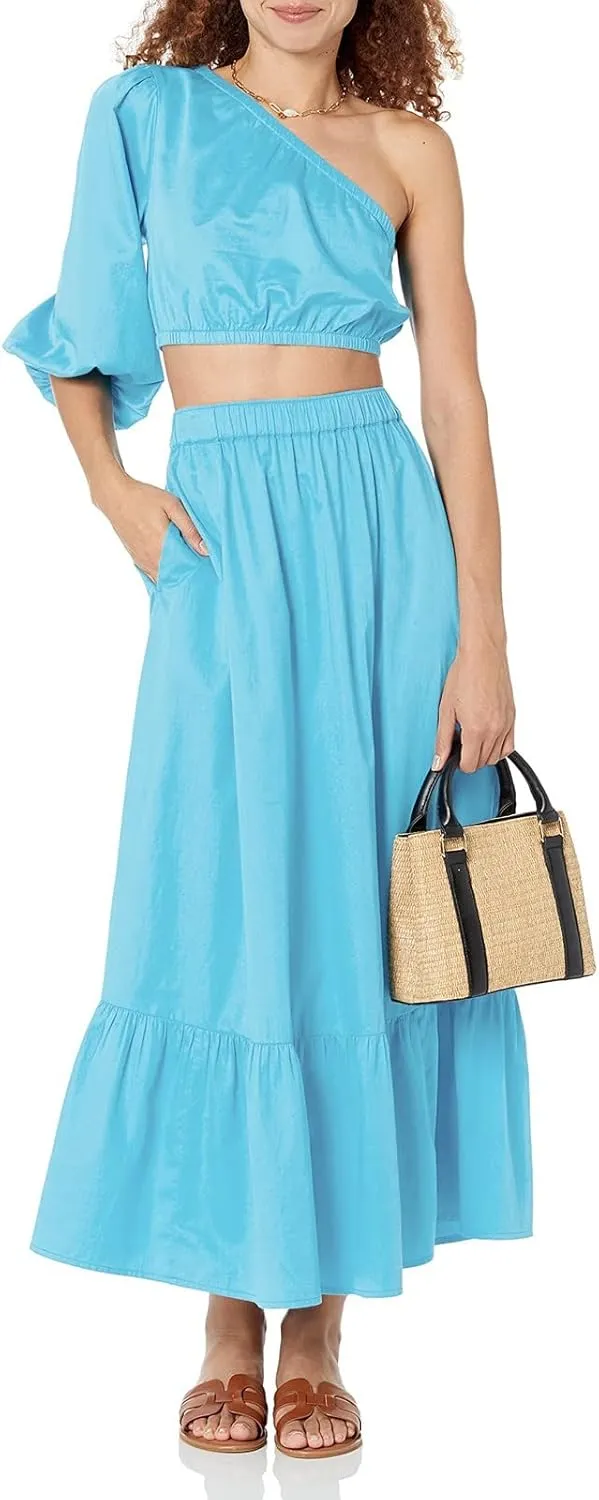 Womens Elastic High Waist A-Line Beach Maxi Skirt Ruffle A Line Swing Long Skirts Casual Summer Women Midi