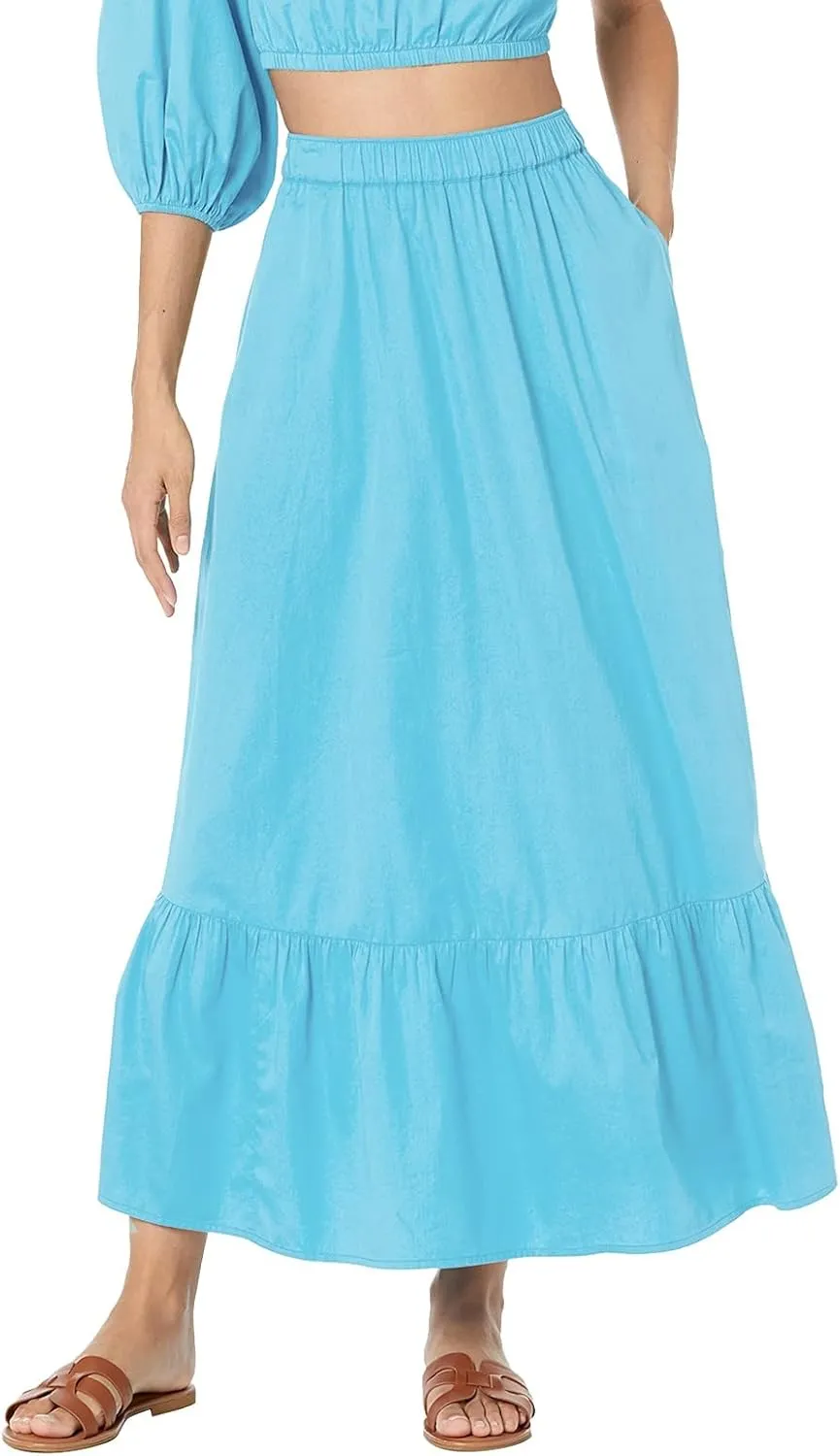 Womens Elastic High Waist A-Line Beach Maxi Skirt Ruffle A Line Swing Long Skirts Casual Summer Women Midi