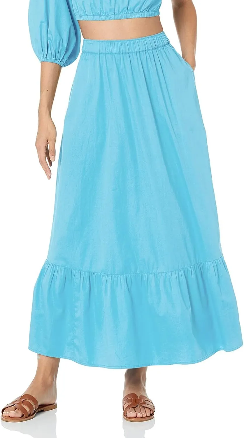 Womens Elastic High Waist A-Line Beach Maxi Skirt Ruffle A Line Swing Long Skirts Casual Summer Women Midi