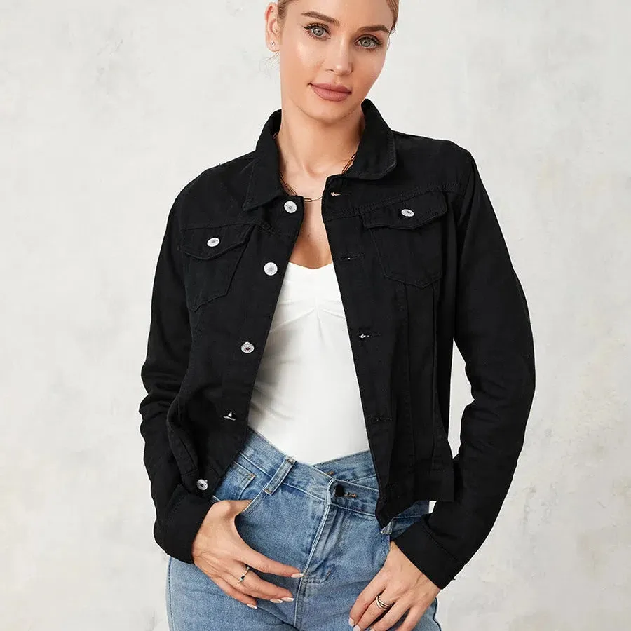 Wsevypo Women's Casual Denim Jackets Solid Color Autumn Outerwear