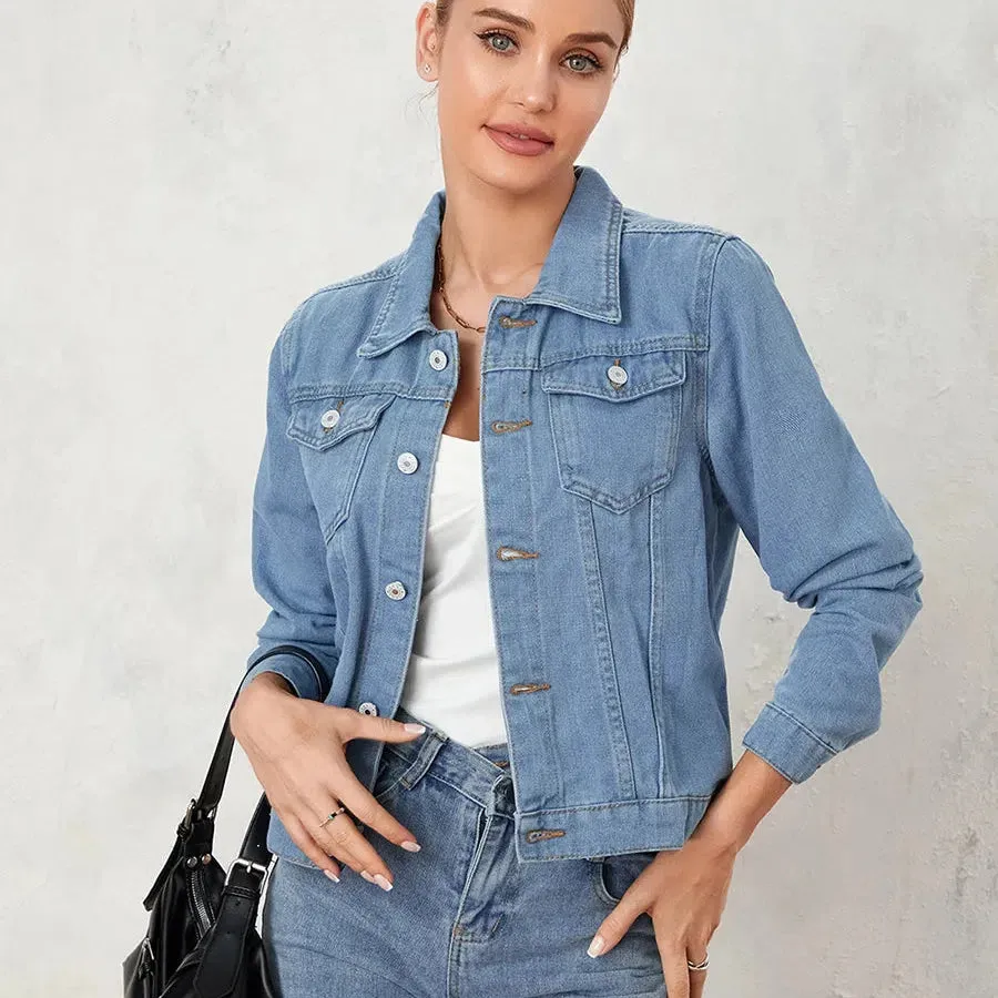 Wsevypo Women's Casual Denim Jackets Solid Color Autumn Outerwear