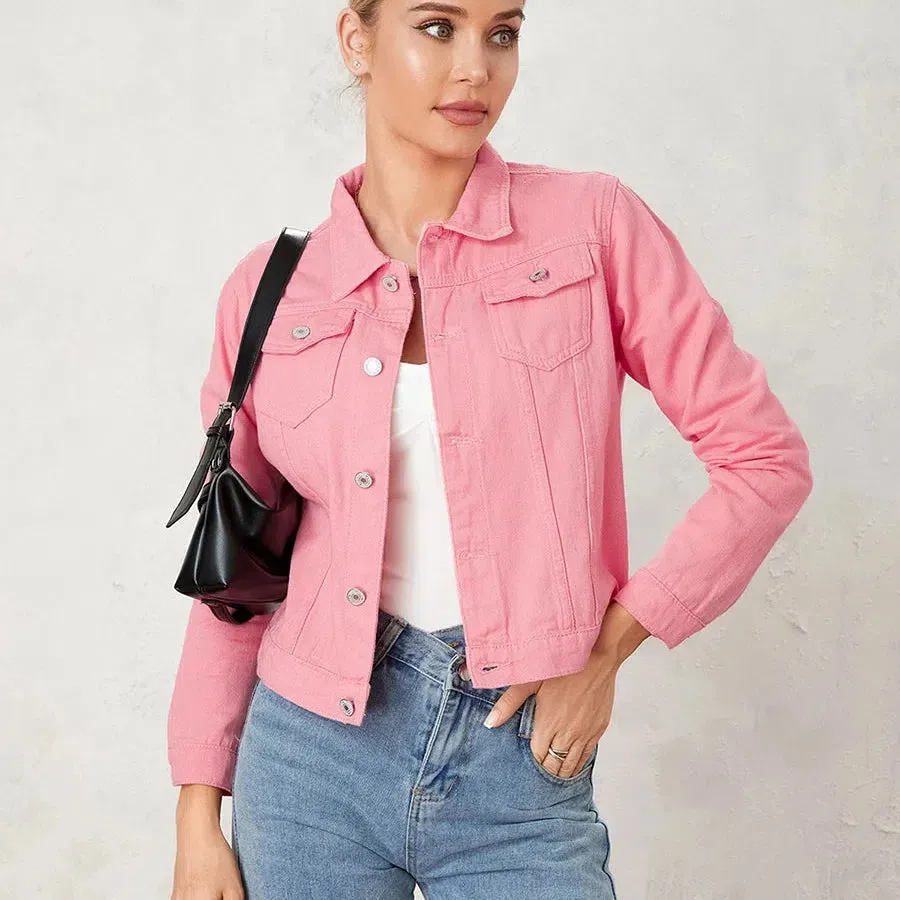 Wsevypo Women's Casual Denim Jackets Solid Color Autumn Outerwear