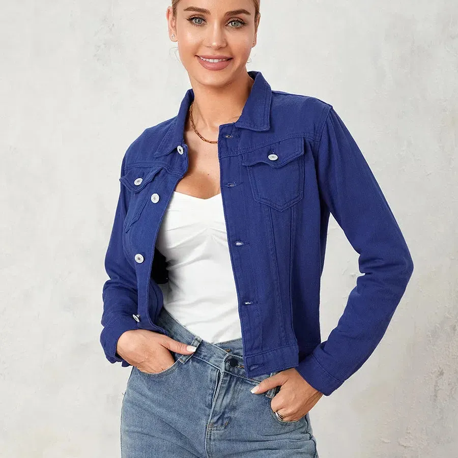 Wsevypo Women's Casual Denim Jackets Solid Color Autumn Outerwear