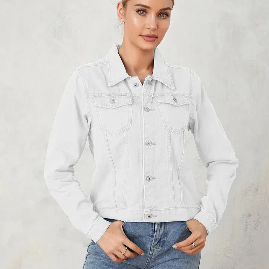Wsevypo Women's Casual Denim Jackets Solid Color Autumn Outerwear