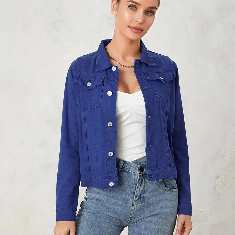 Wsevypo Women's Casual Denim Jackets Solid Color Autumn Outerwear