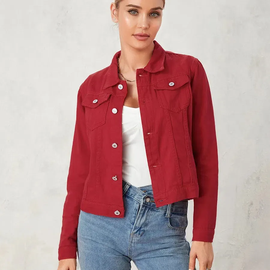 Wsevypo Women's Casual Denim Jackets Solid Color Autumn Outerwear